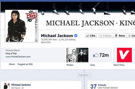 5- مایکل جکسون - حرفه: خواننده، بازیگر، ترانه‌سرا، تاجر، فعال حقوق بشر - تعداد لایک‌ها در فیس‌بوک: 72,035,789